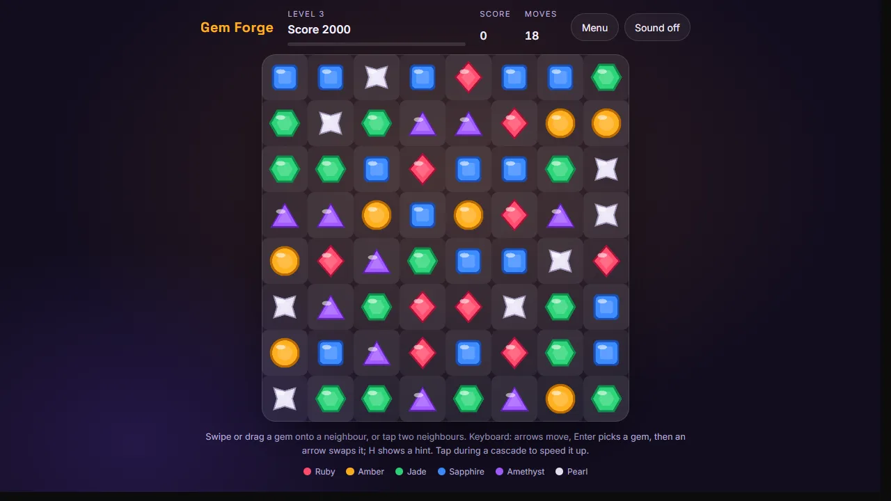 An 8 by 8 board of colourful gems in six shapes on a dark violet background