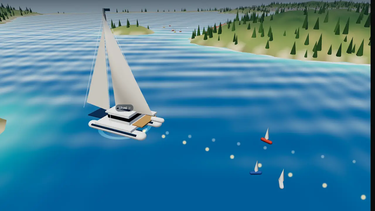 A white catamaran sailing a turquoise sea past a hilly Greek island with white houses, a dotted golden route on the water behind it