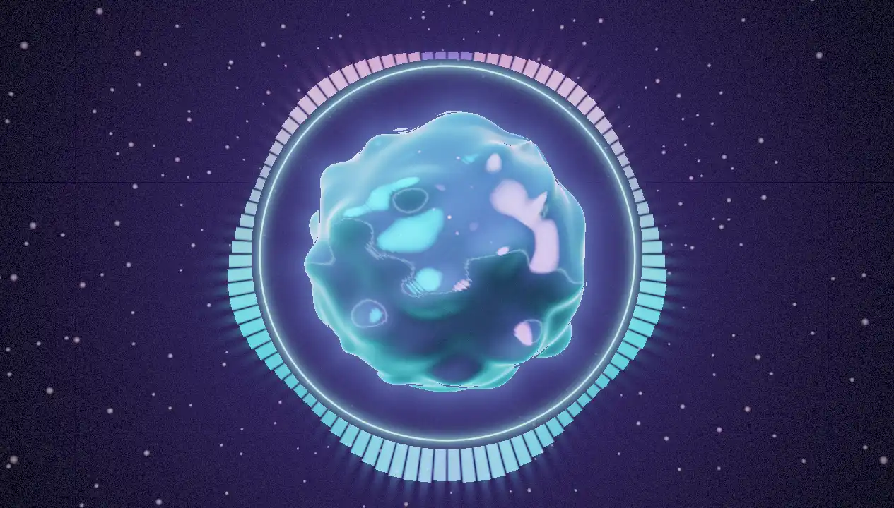 A glossy iridescent orb with spiky ridges in violet, cyan and pink floating in the dark, circled by a thin waveform ring and a crown of glowing spectrum bars